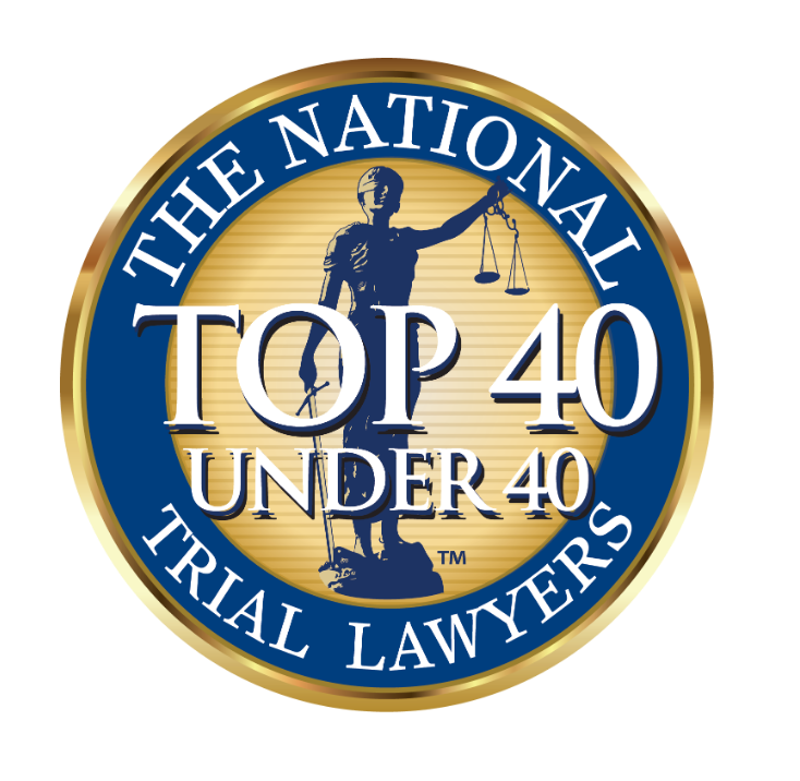 Blue and gold “The National Top 40 Under 40 Trial Lawyers” seal with Lady Justice and scales