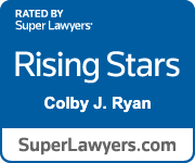 Super Lawyers Rising Stars badge for Colby J. Ryan on a blue background, with SuperLawyers.com logo