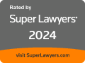 Super Lawyers 2024 badge with gray background and orange strip reading “visit SuperLawyers.com”