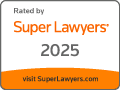 Rated by Super Lawyers 2025 badge with orange bottom banner and website URL