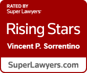 Super Lawyers Rising Stars badge for Vincent P. Sorrentino on a red background