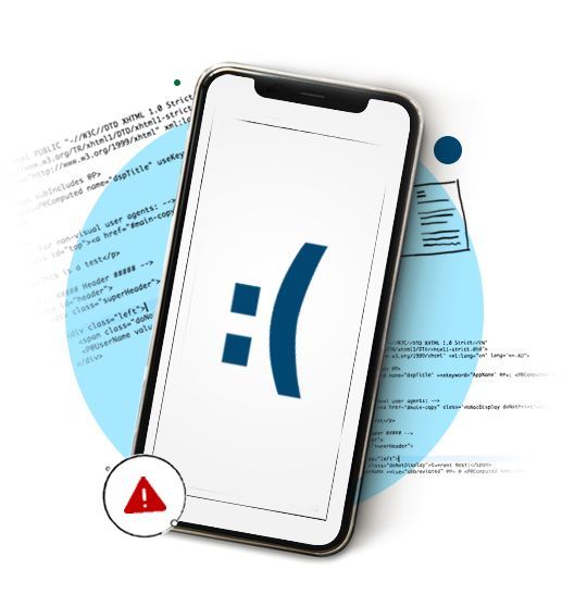 Smartphone displaying a sad face, surrounded by code and an error symbol.