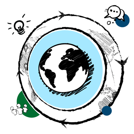 Globe inside a blue circle, surrounded by ideas, communication bubbles, people, and arrows, suggesting global collaboration.