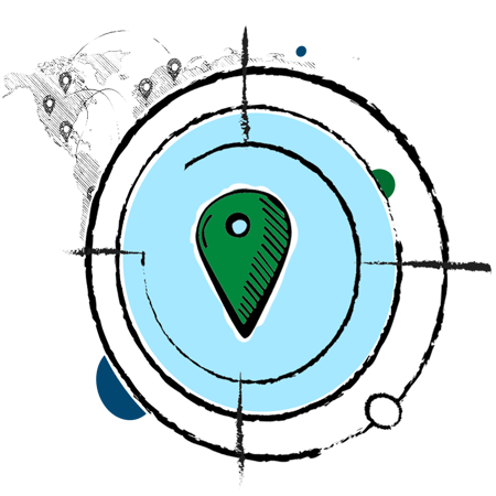 A green location pin inside a blue circle, with a compass and map in the background.