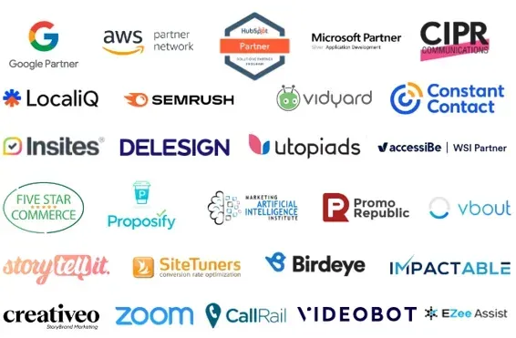Logos of various marketing, tech, and business partners, including Google, AWS, Microsoft, and Semrush.