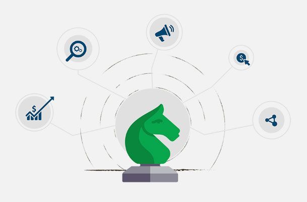 Green chess piece with connected marketing icons.