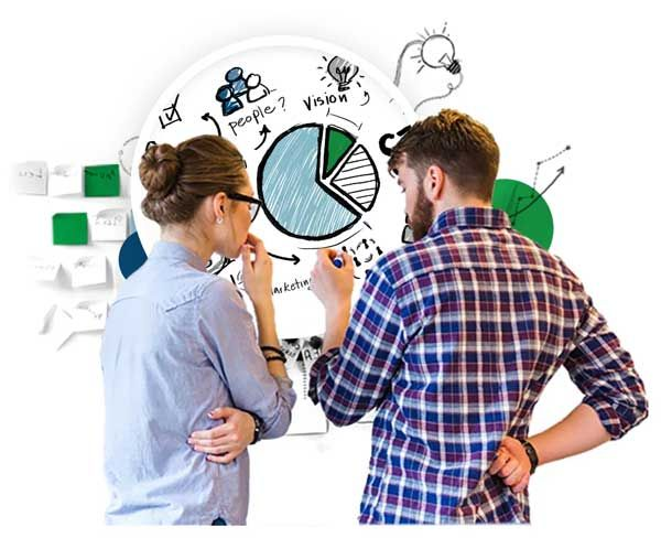 Two people collaborating at a whiteboard, diagramming a pie chart with notes and sticky pads.