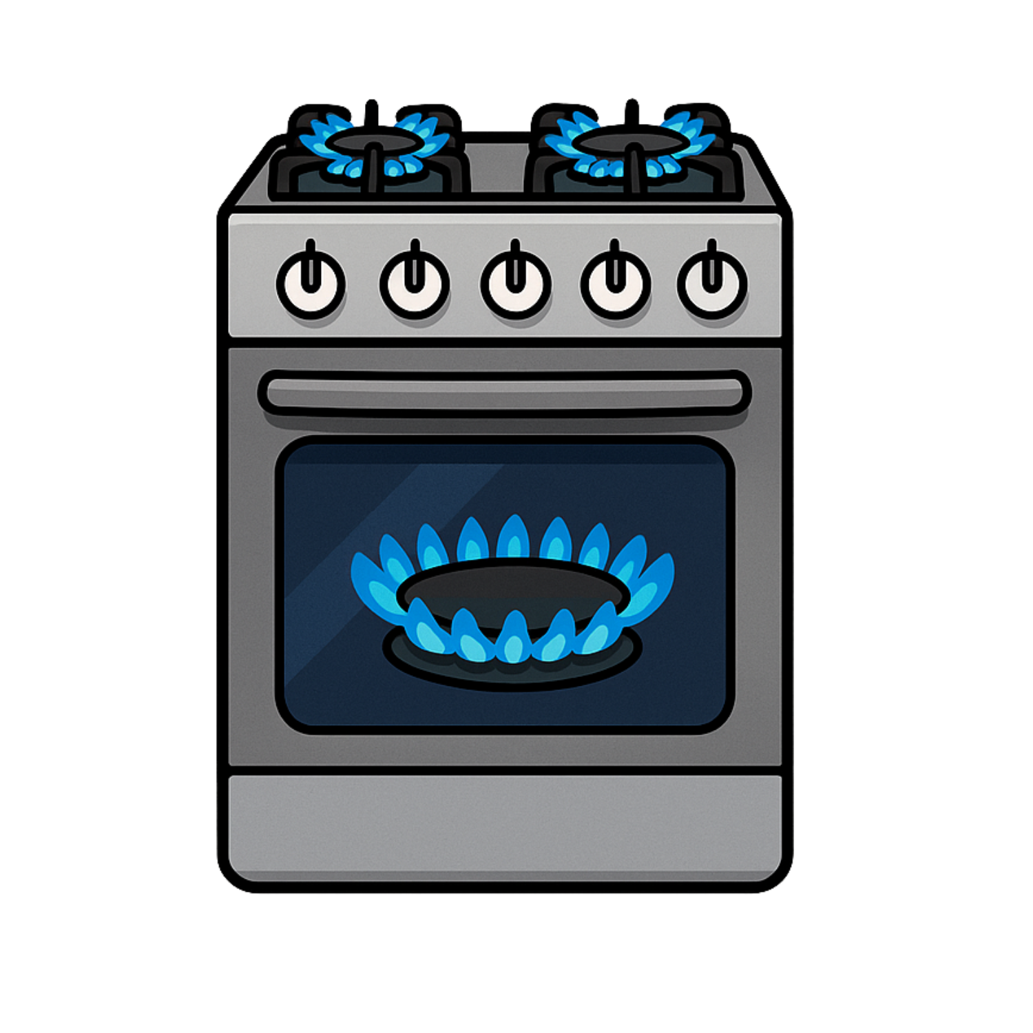 Gray gas stove with blue flames on burners and inside the oven.