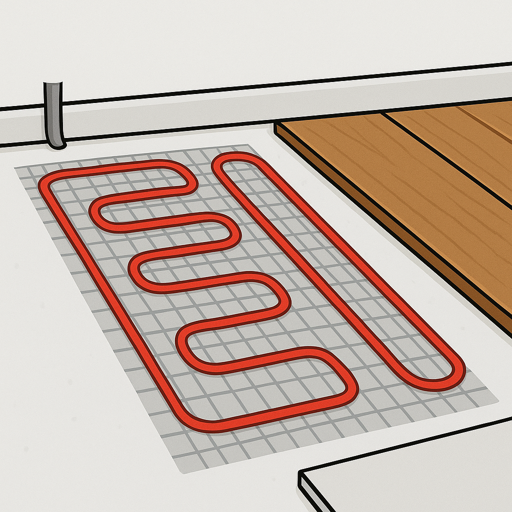 Red tubing for radiant floor heating on a gray grid, next to wooden flooring.