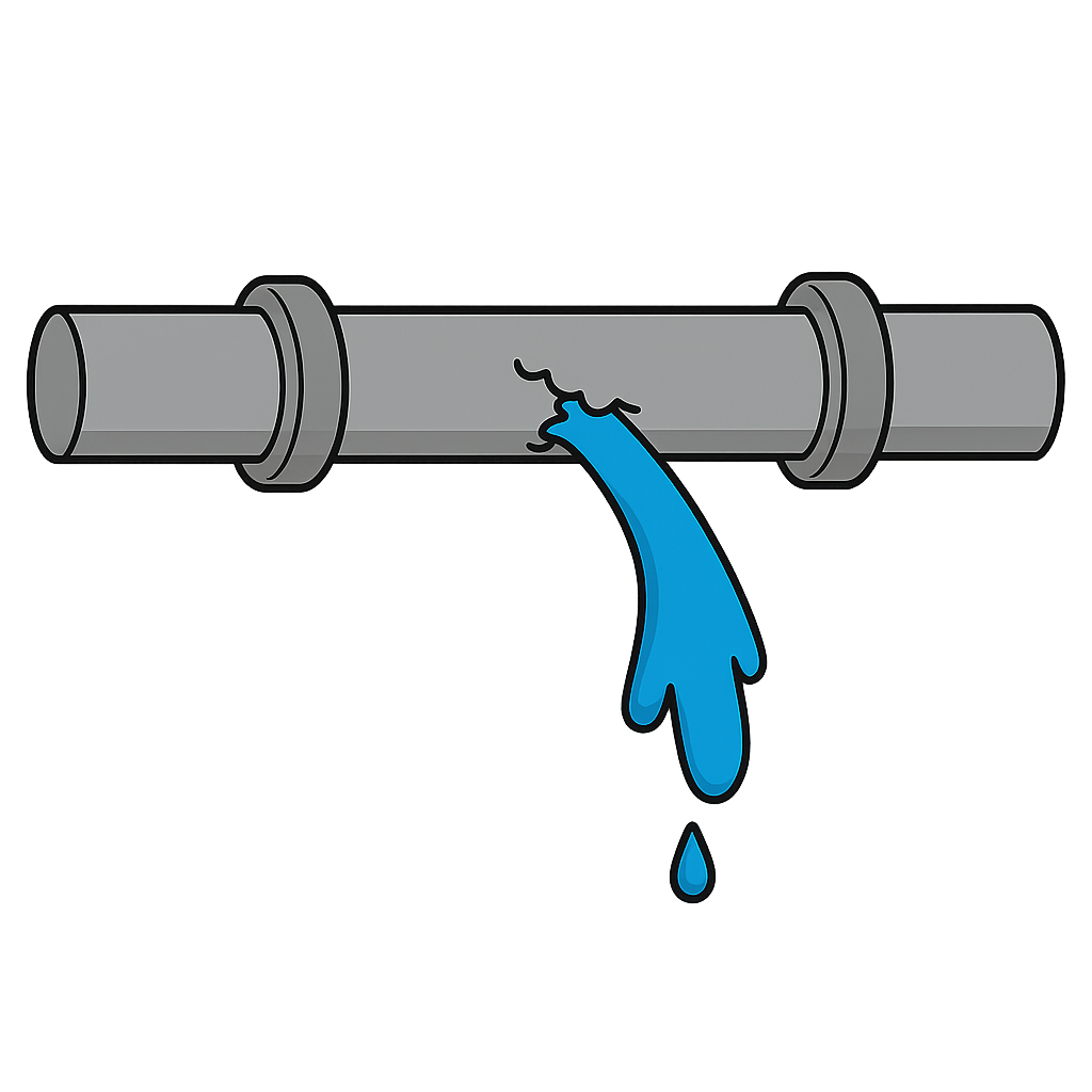 Leaking gray pipe, cracked, with blue water pouring out.