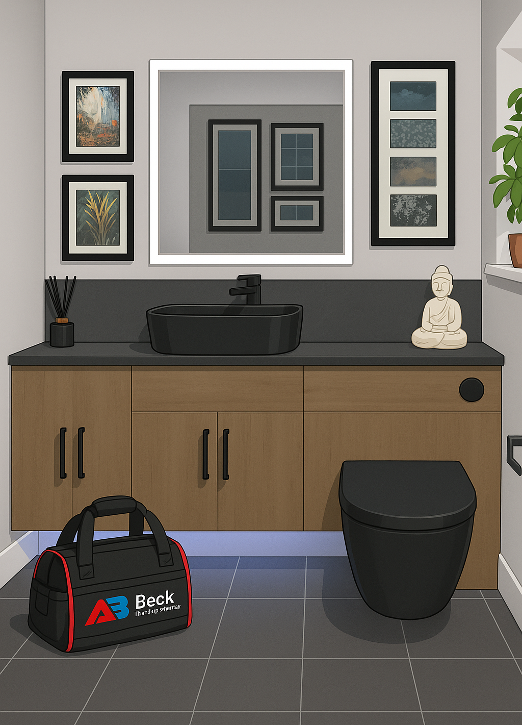 Bathroom with black fixtures and a brown vanity. A bag sits on the floor.