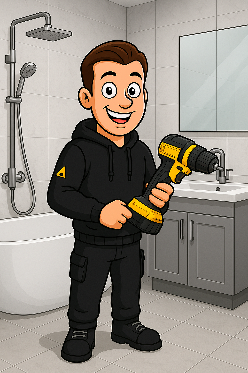 Handyman in black uniform holding a drill in a bathroom, smiling.