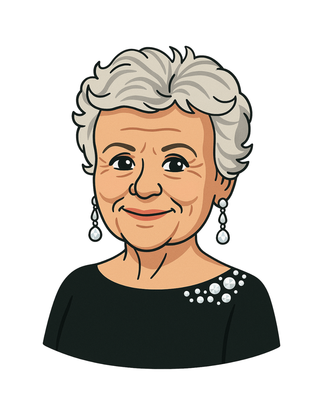 Elderly woman with silver hair, smiling, wearing drop earrings and a black dress with pearl embellishments.