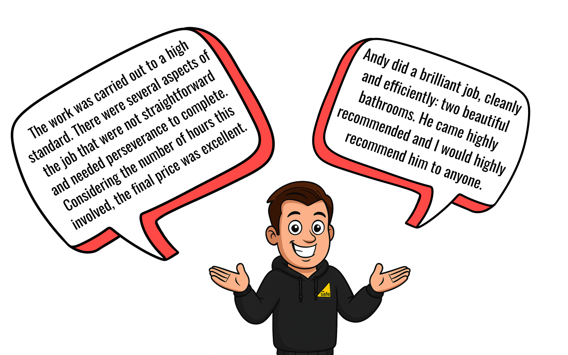 Man with speech bubbles. Text in bubbles: positive customer reviews.