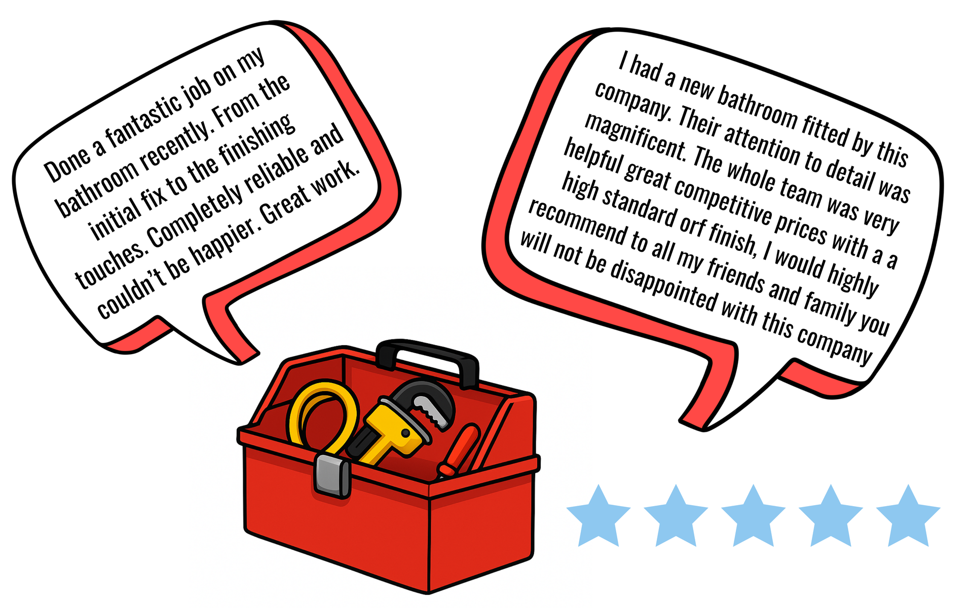 Red toolbox with tools, two speech bubbles with customer reviews, and four out of five blue stars.