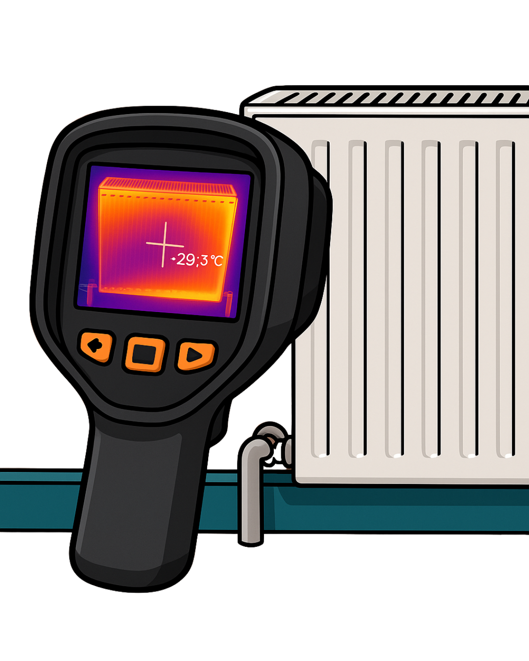 Thermal camera showing a radiator with a heat map, indicating heat levels.