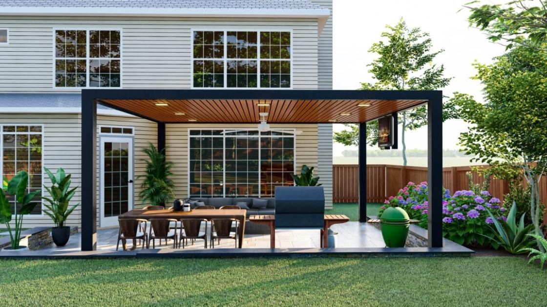 A Backyard With a Pergola and a Grill in Front of a House — Lakecrest Projects in Lake Macquarie, NSW