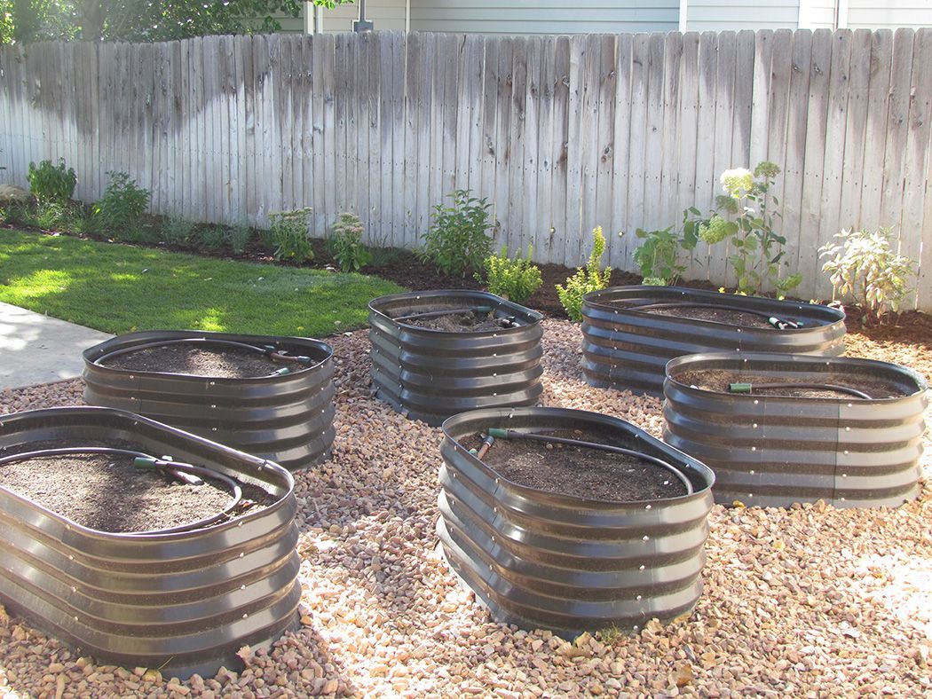 Six black raised garden beds filled with soil, on a bed of gravel, against a wooden fence.