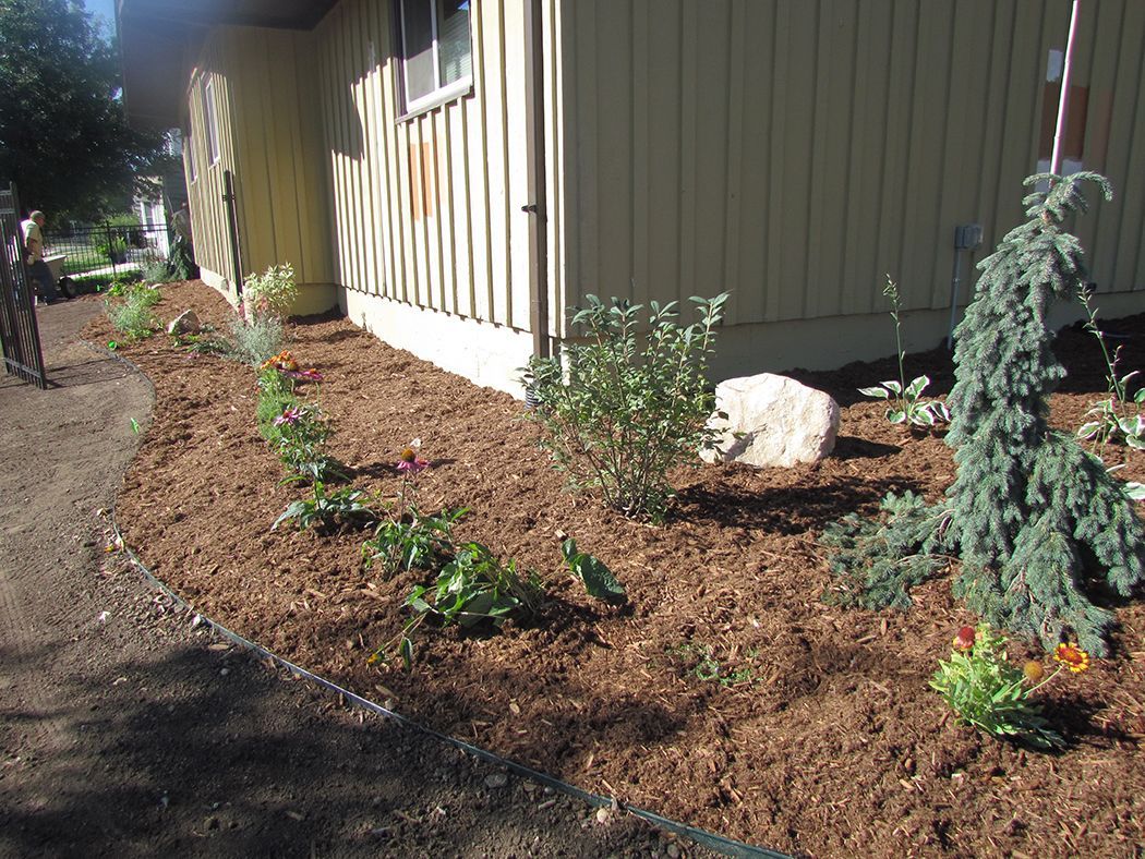 Garden bed with mulch and newly planted flowers next to a yellow house.