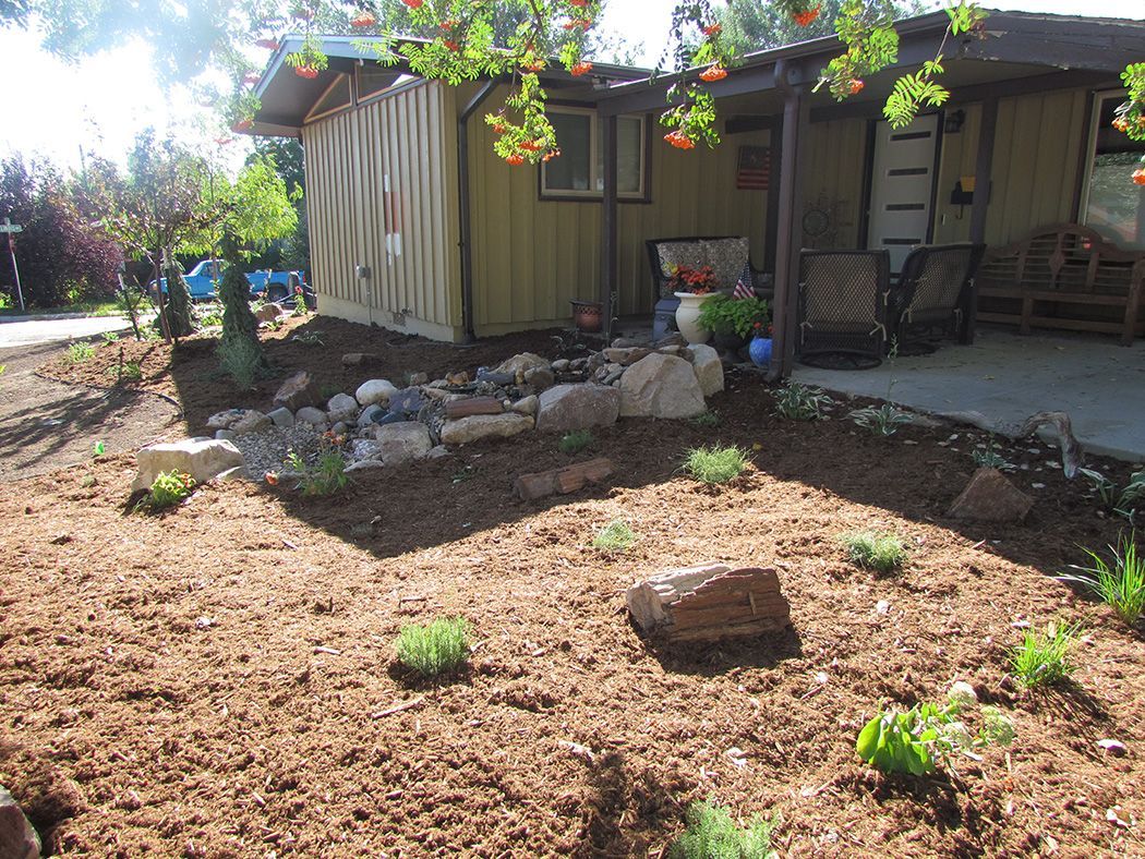A home's front yard with new landscaping; brown mulch, small green plants, and rocks surround the house.