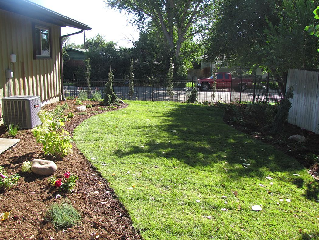 A well-manicured yard with a path of grass, garden beds, and a building with trees.