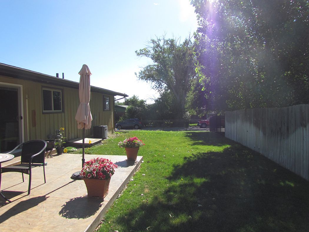 Backyard with green grass, patio, potted flowers, and a fence on a sunny day.