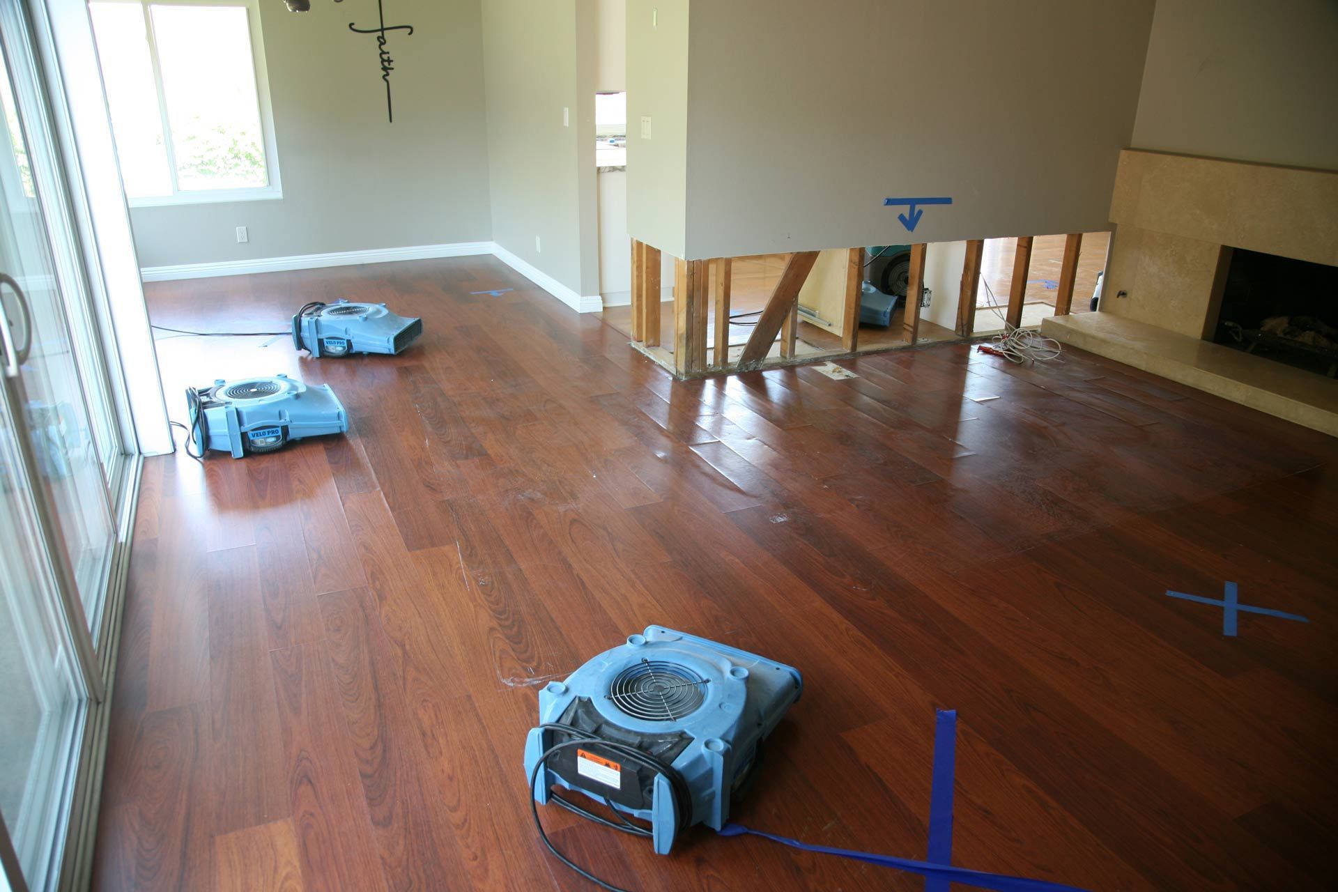 Water on dark hardwood floor near a window, with a rug partially visible.