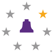 A purple bell is surrounded by gray and yellow stars on a white background.