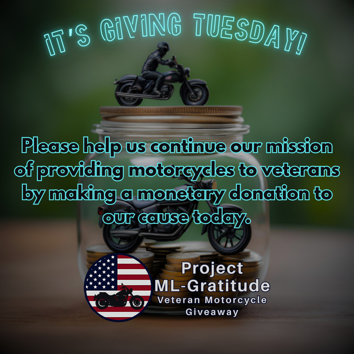 A motorcycle is sitting on top of a jar of coins.