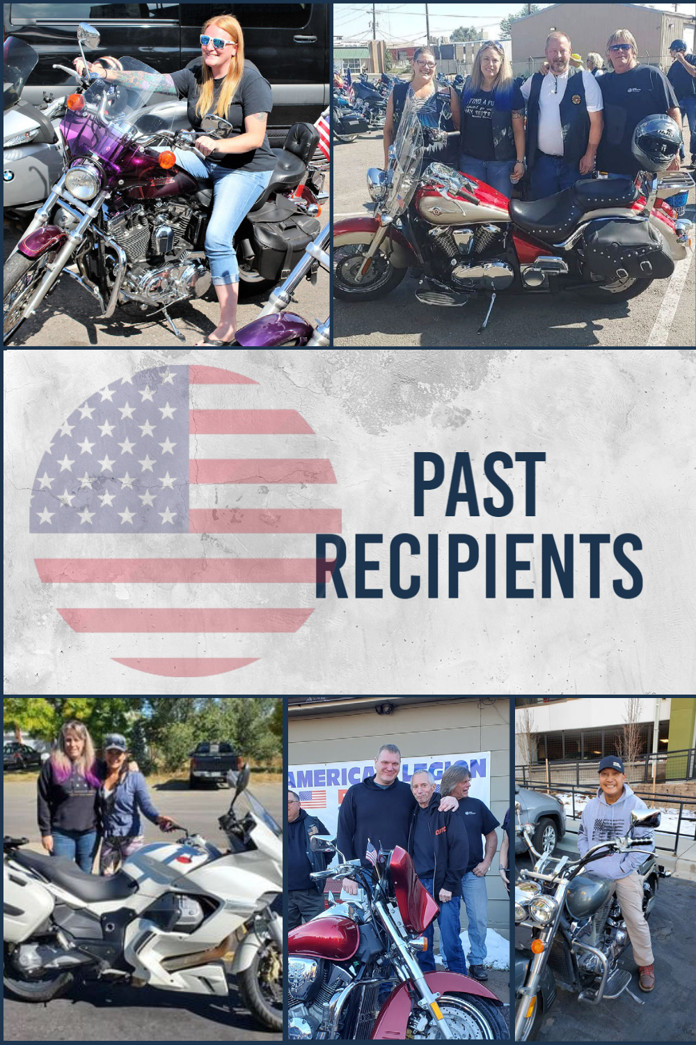 A collage of photos of people riding motorcycles with the words past recipients on the bottom