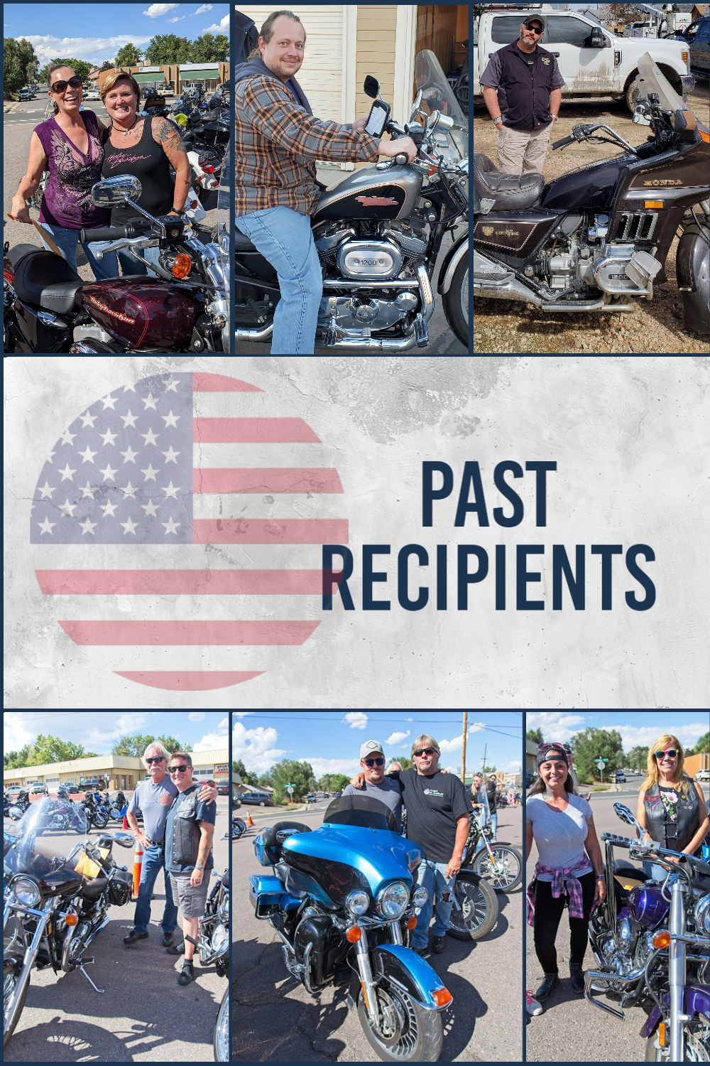 A collage of photos of people riding motorcycles with the words past recipients on the bottom