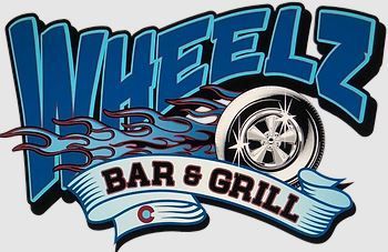 A wheelz bar and grill logo with flames and a wheel