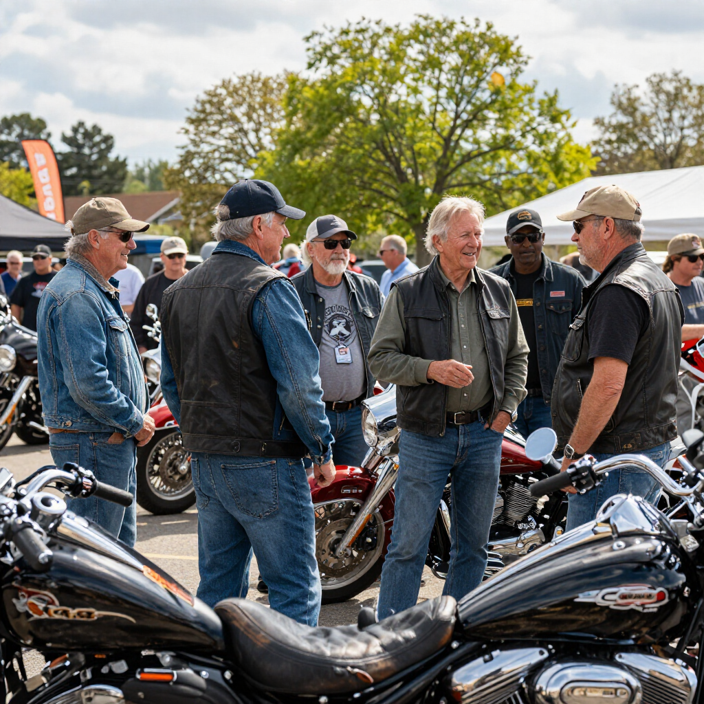 Motorcycles and riders chatting at an outdoor bike gathering under a sunny sky