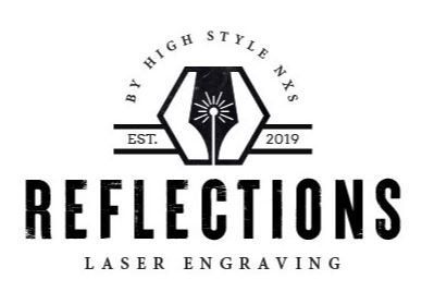 The logo for reflections laser engraving is black and white