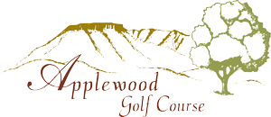A logo for applewood golf course with mountains and trees