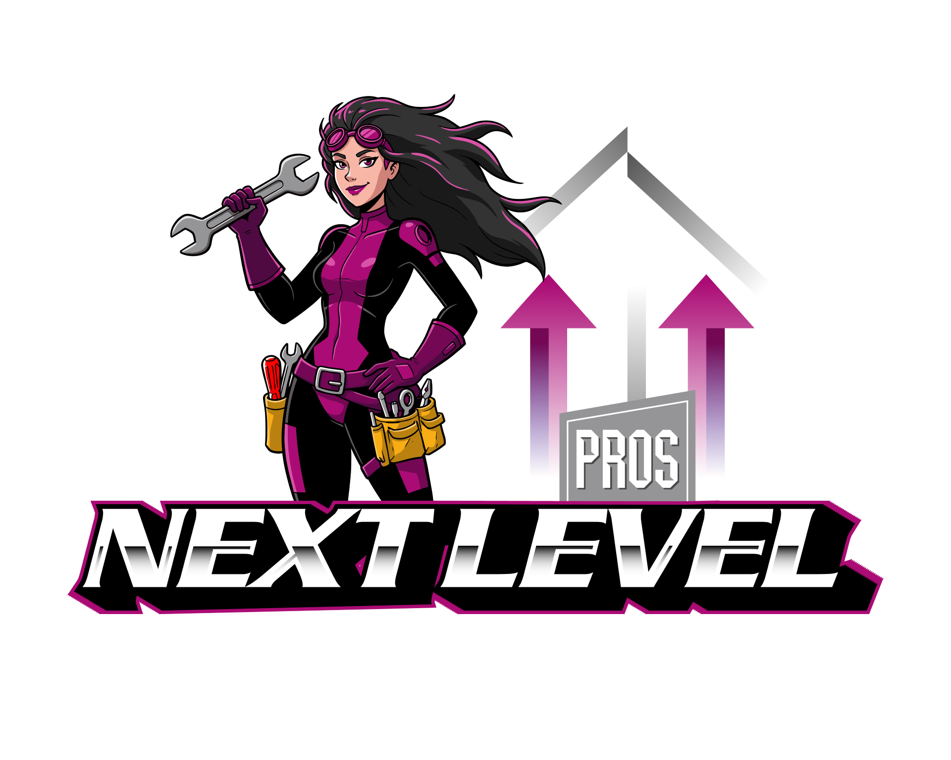 A logo for next level pros with a woman holding a wrench