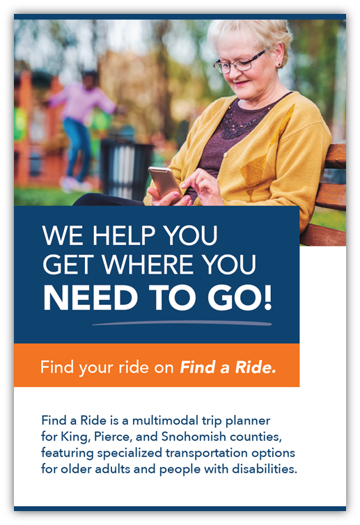 Person sitting on a bench using a phone.
Text 'We help you get where you need to go! Find your ride on Find a Ride.