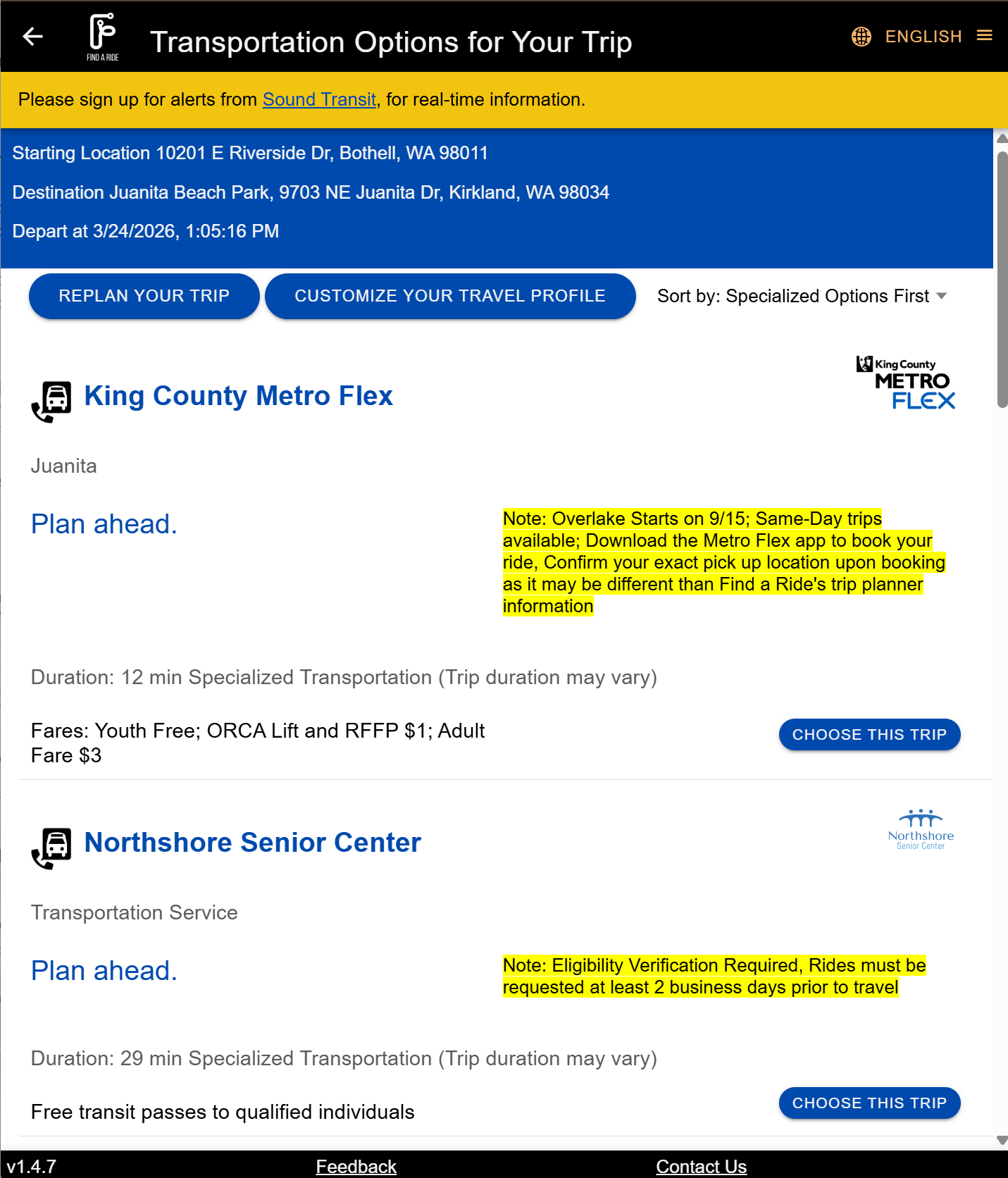 An image showing trip results for Metro Flex and Northshore Senior Center