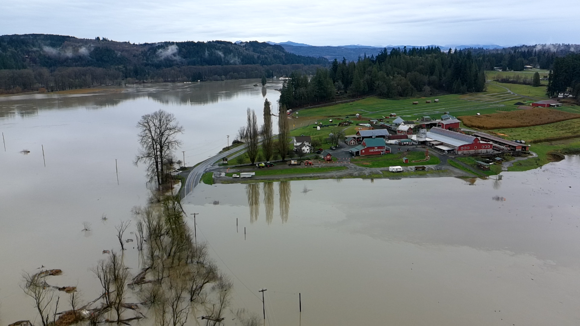 Aerial photography of a flooded road in the Snoqualmie Valley