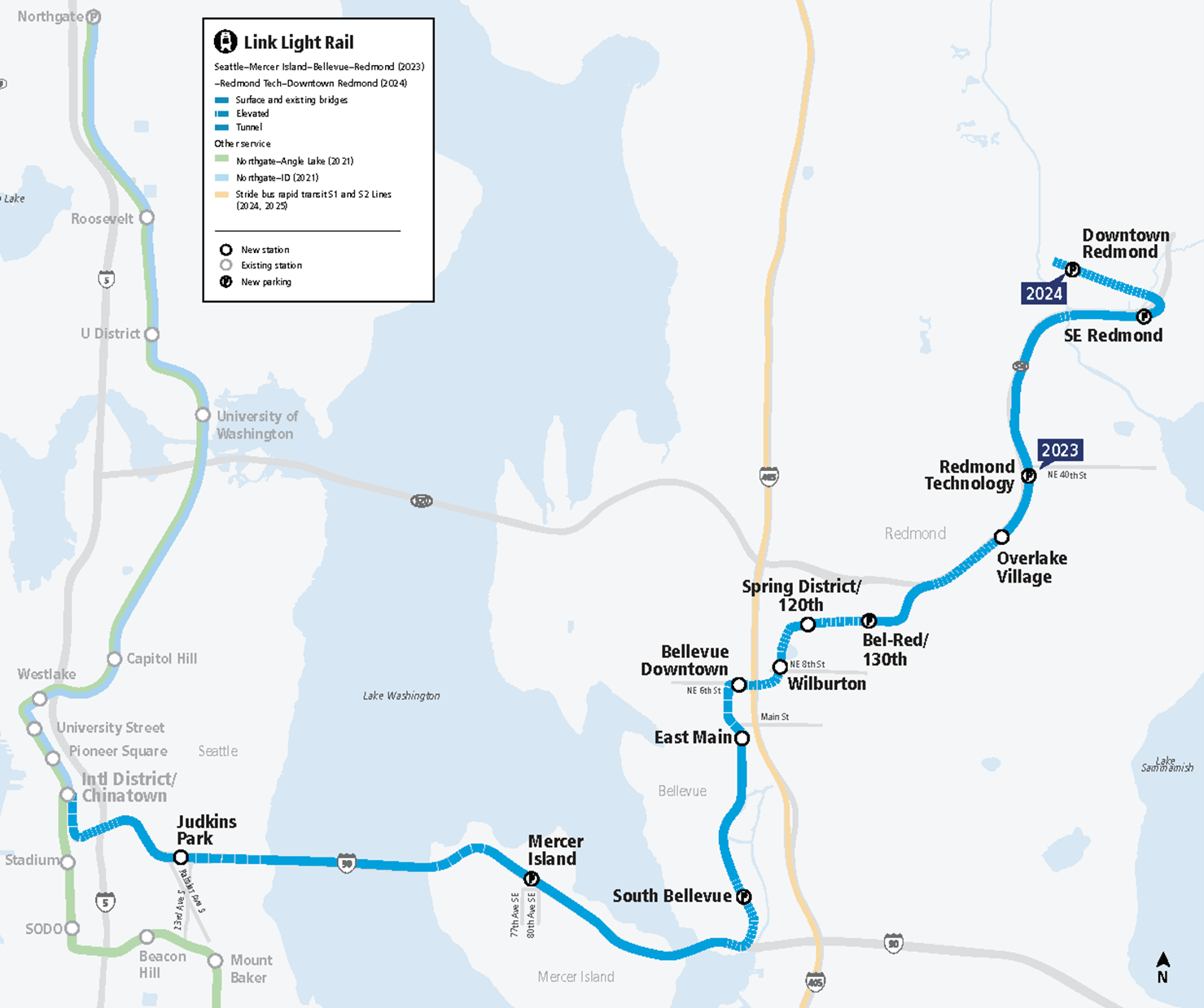 This image is a map of the Eastside of King County. Highlighting the proposed station locations.