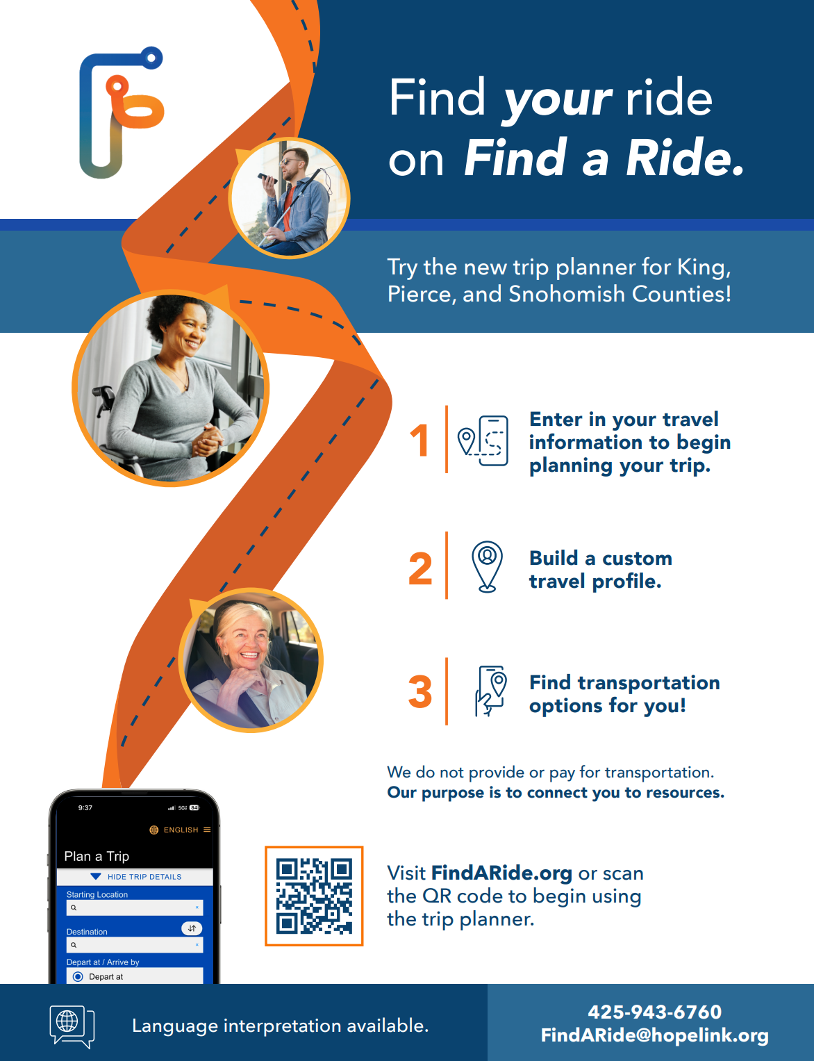Find a Ride flier in English with 3 steps to use the Trip Planner, phone contact info, and photos of travelers. Orange and Blue branding.