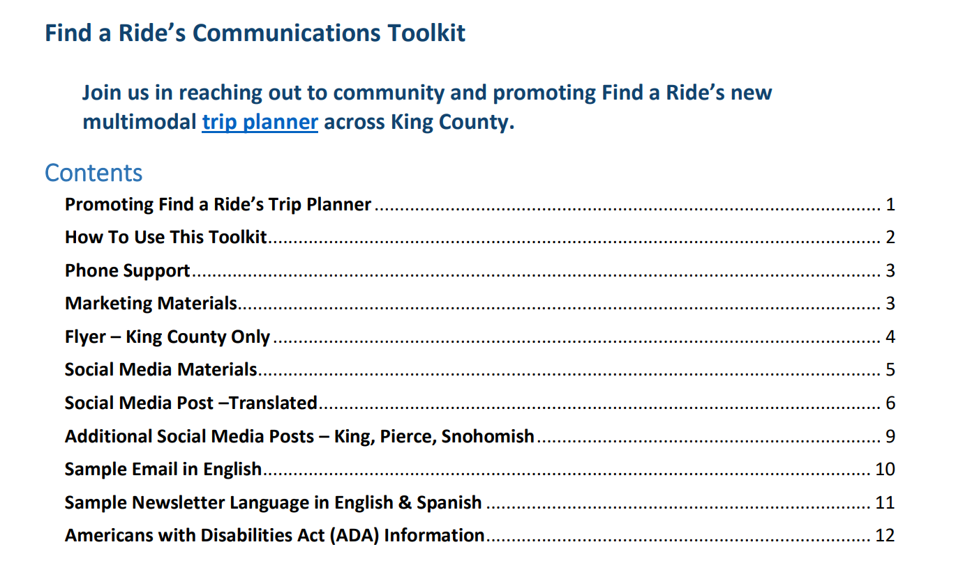Screenshot of the Table of Contents for the Communications Toolkit pdf.