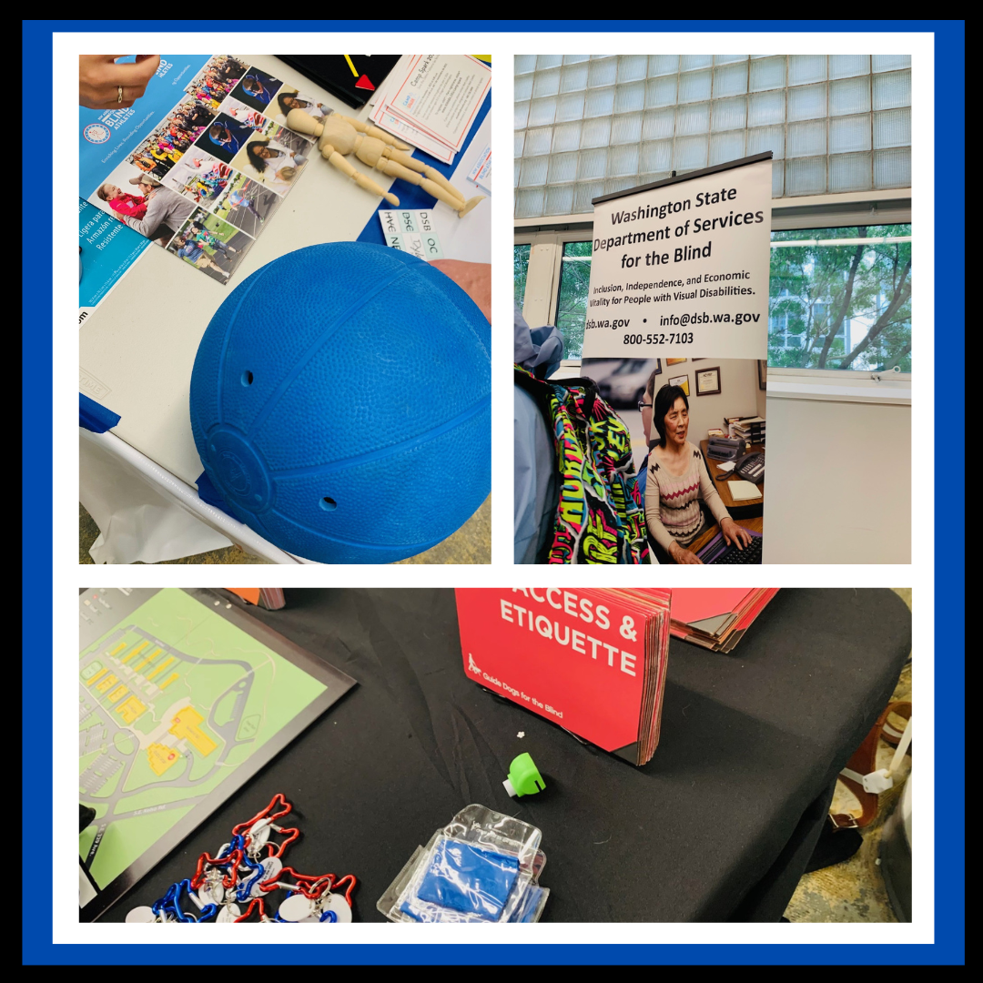 A ball on a table, a banner about services, and a table with outreach materials.