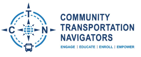 A blue and white logo for community transportation navigators. Engage, Educate, Enroll, Empower