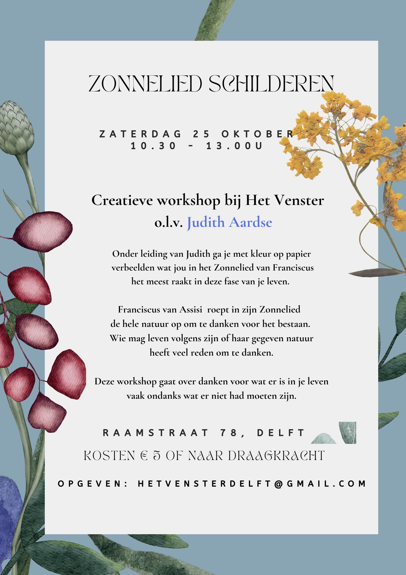 Flyer creatieve workshop Zonnelied schilderen van Het Venster Delft