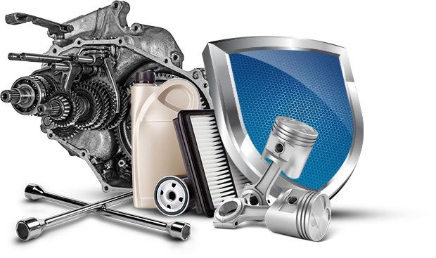 Car engine parts, oil, filter, pistons, and wrench with a shield. | Emge's Car Craft Auto Services