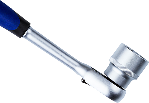 Ratchet wrench with a socket attached, blue handle, on white background. | Emge's Car Craft Auto Services