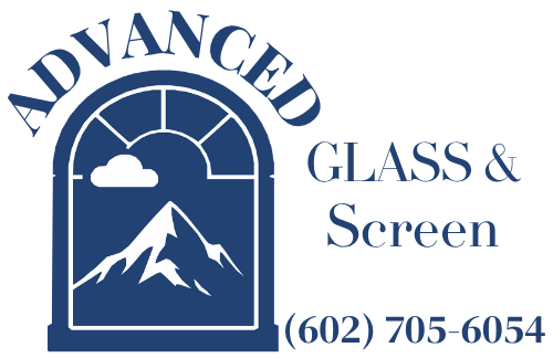 The logo for advanced glass and screen shows a window with a mountain in the background.