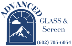 The logo for advanced glass and screen shows a window with a mountain in the background.