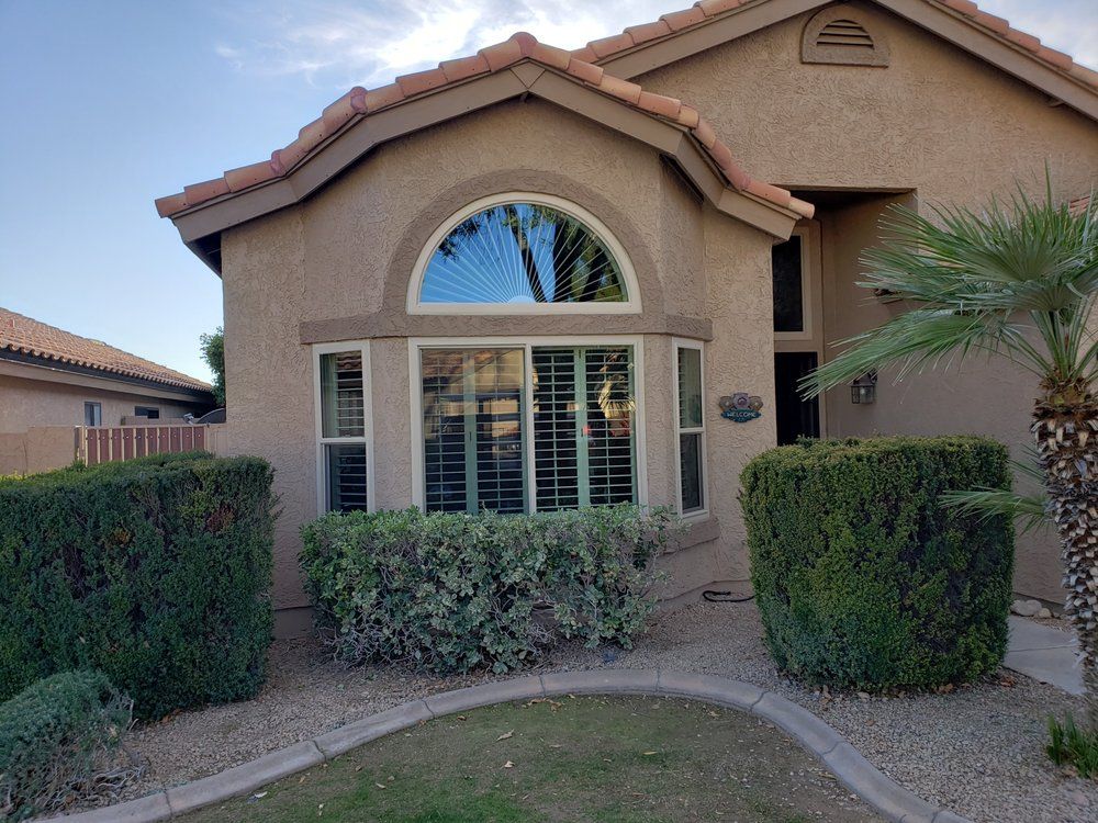 A house with a lot of windows and a palm tree in front of it.